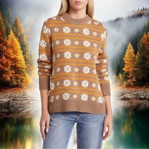 Brixton Altra Sweater Tan White and Orange Snowflake Holiday Print Size S